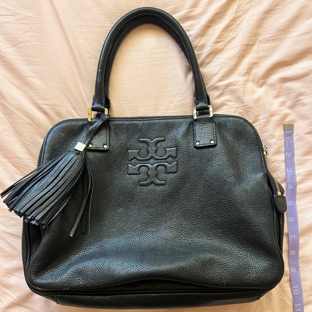Tory Burch Black Pebbled Leather Satchel with Tassel Accent